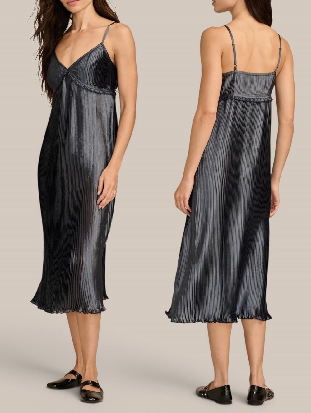 Lucky Brand Pleated Slip Dress Blue Accordion Pleat Lettuce Hem S Midi Dress